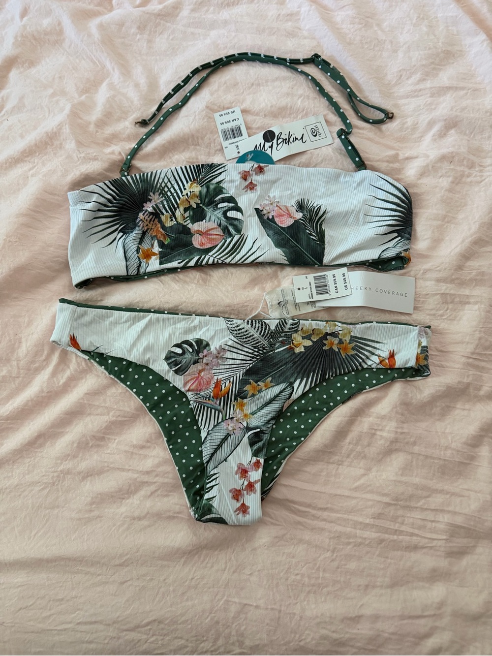 Rip Curl “On the Coast”Reversible Tropical Bandeau Bikini Set - Top XL, Bottom L